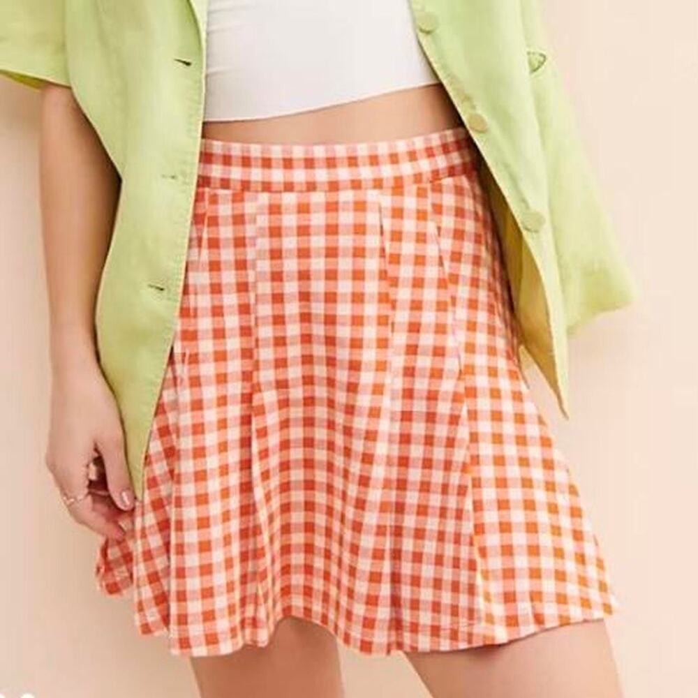 Free People Size 4 Honey Pleated Skirt Pleated Orange Gingham Preppy Picnic Fall
